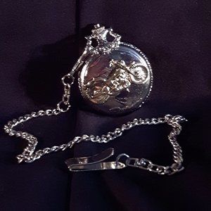 Silver Style Motorcycle Pocket Watch - With Chain and Fob